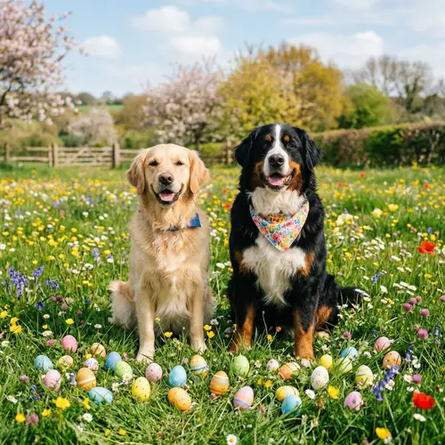 Dogs with Easter Eggs in a Flower Field