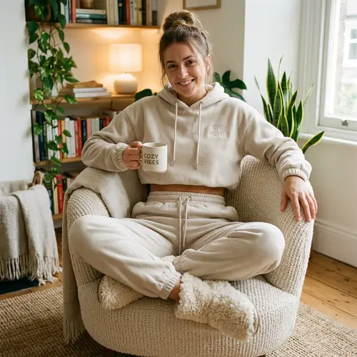 Cozy Cropped Hoodie, Sweatpants & Fluffy Slippers