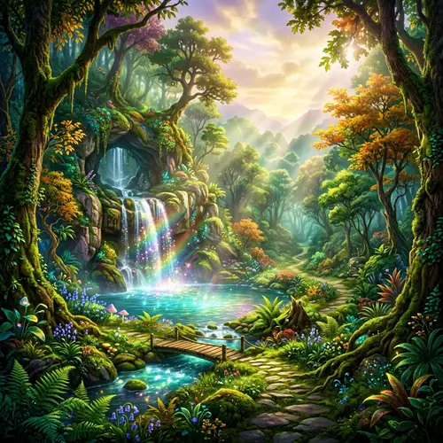 Enchanting Forest with Concealed Waterfall - Ethereal Landscape View