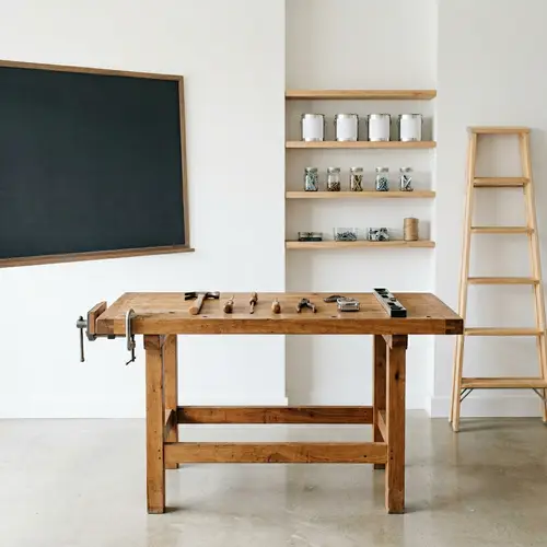 Minimalist Workshop Setting with Essential Tools on Wooden Workbench