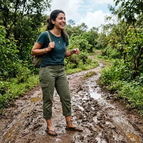 Middle-Eastern Woman in Muddy Flip Flops - Outdoor Adventure Scene