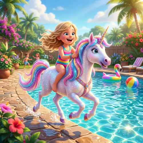 Blonde Girl Riding Unicorn by Pool - Animated 3D Image