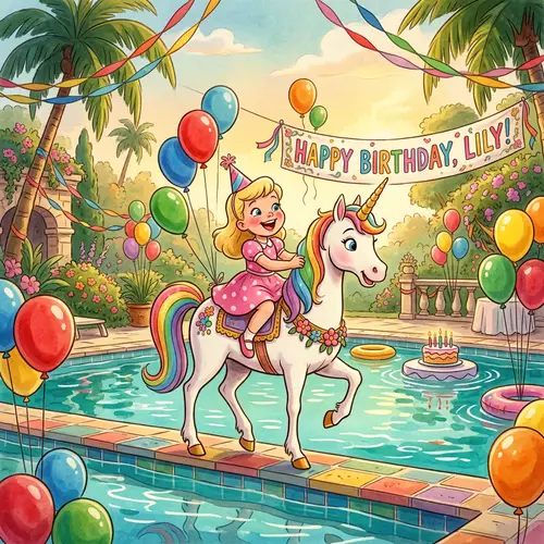 Blonde Girl on Unicorn by Pool with Birthday Decorations