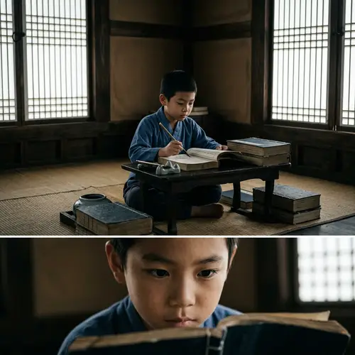 Inspiring Asian Boy Studying with Determination in Traditional Room