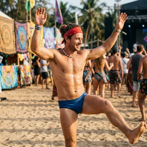 Joyful Dancing Man in Red Bandana & Blue Speedos