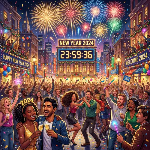 New Year 2024 Celebration: Festive City Street Countdown