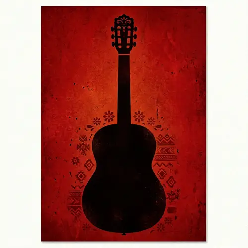 Mexican Guitar Silhouette on Red Background