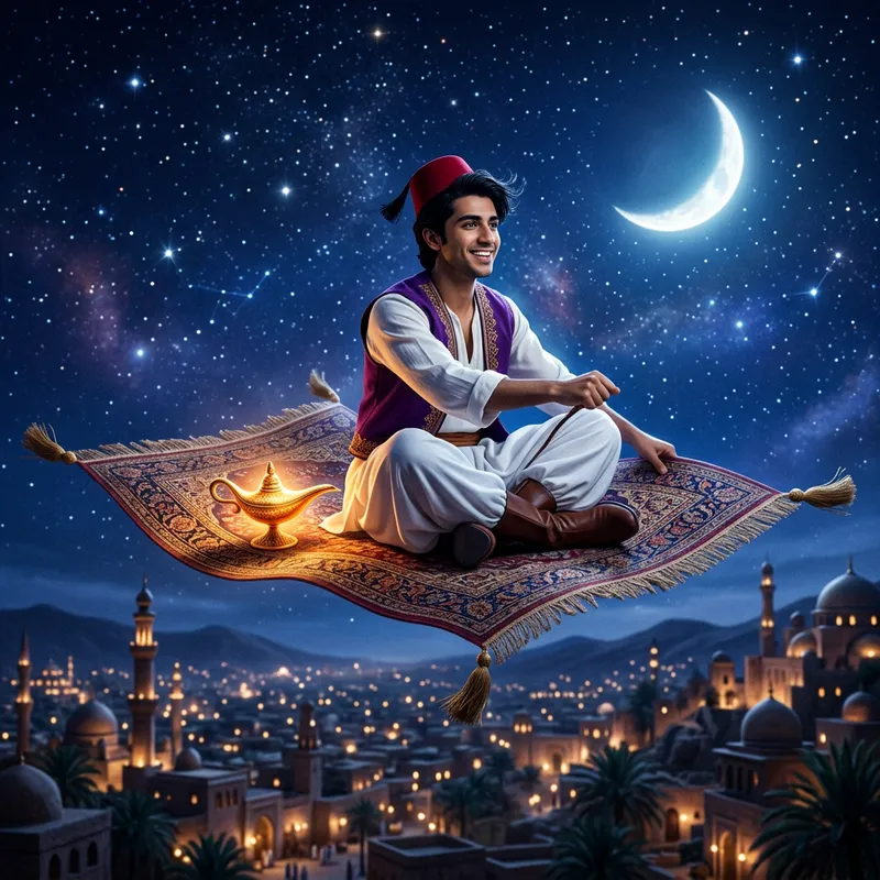 Aladdin Flying on Magic Carpet at Night