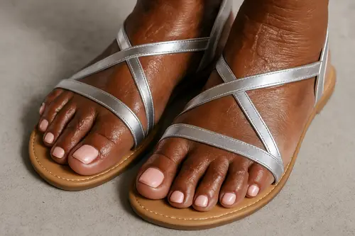 Elderly Woman's Feet in Black Sandals | Closeup View