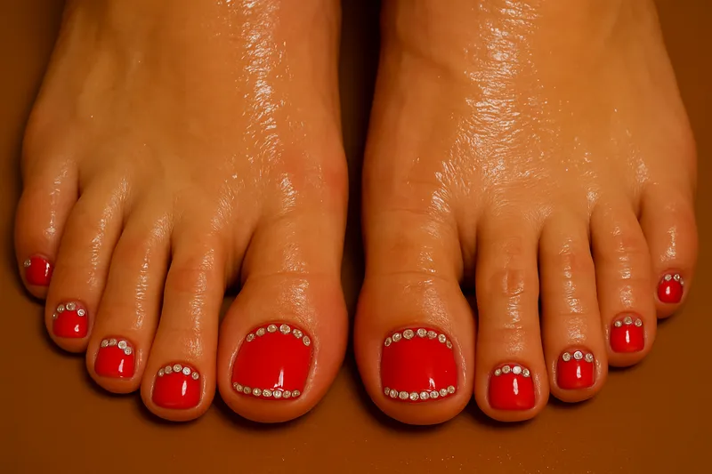 Glamorous Red Toenails with Crystal Gems
