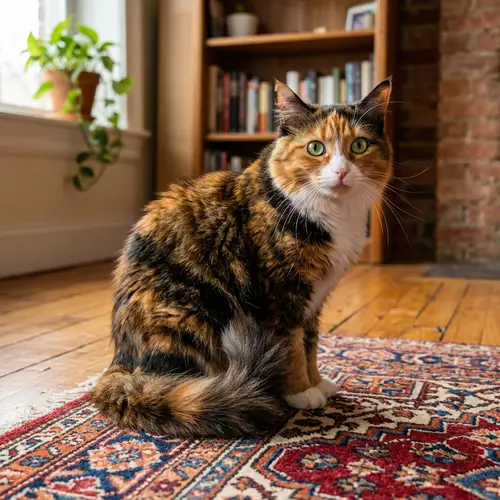 Beautiful Calico Cat Sitting on Colorful Rug