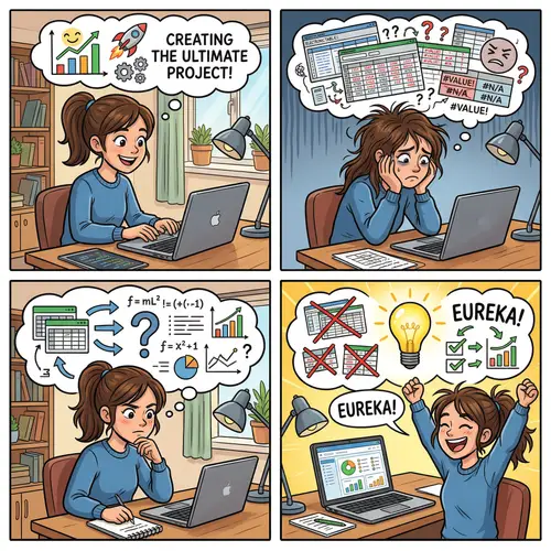 Brunette Girl's Emotional Journey: Computer Work to Brilliant Idea
