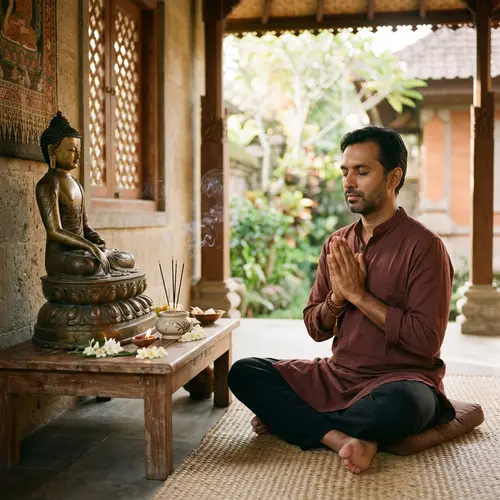 Peaceful South Asian Man in Buddhist Prayer Posture