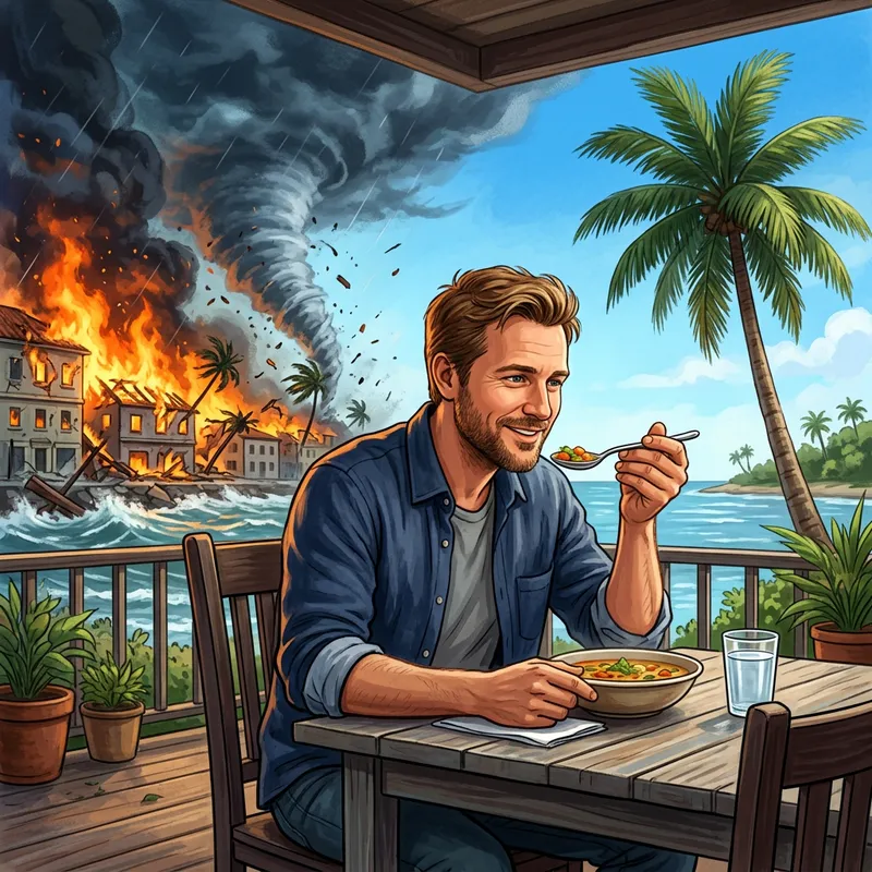 Man Tasting Food Amidst Chaos and Serenity