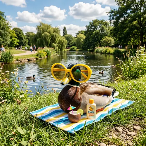 Humorous Duck Scene with Oversize Sunglasses | Park Pond