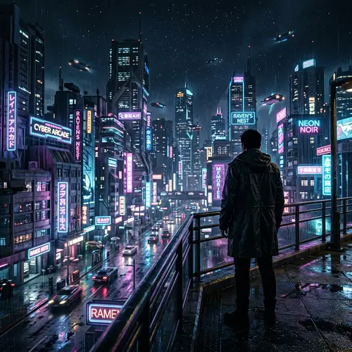 Neon-Noir Synthwave: Journey Through Time and Memory in Retro-Futuristic City