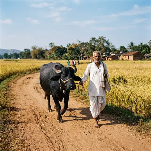 South Asian Brahmin Man Walking with Buffalo | Rural Life Scene