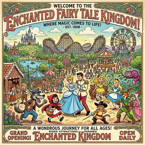 Vibrant Amusement Park Poster with Delightful Fairy Tale Characters