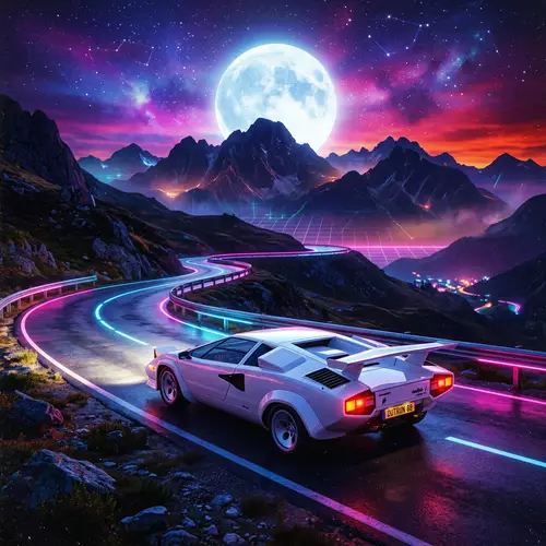 80's Synthwave Photo with Lamborghini in Mountains