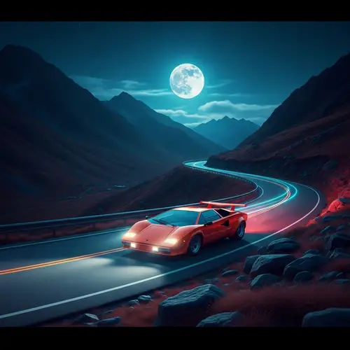 80's Synthwave Photo with Lamborghini in Mountains