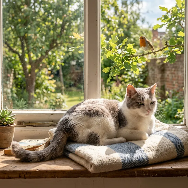 Tranquil Cat on Window Sill with Bird