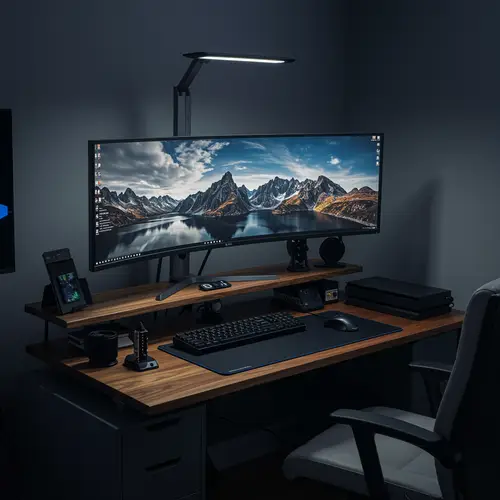 Stylish Dual Monitor Desk Setup with PS5