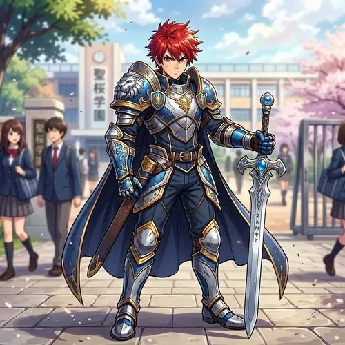 Male Anime Character in Blue and Silver Armor with Red Hair
