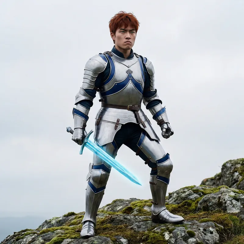 Asian Male in Silver Armor as Saber Warrior