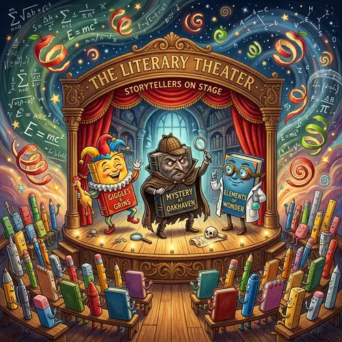 Surreal Educational Illustration: Books as Characters on Theater Stage