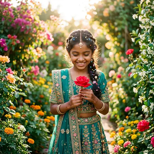 Young South Asian Girl in Traditional Attire with Red Rose in Lush Garden