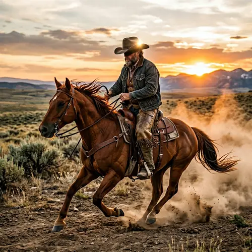 Cowboy Riding Horse in the Wild West Prairie