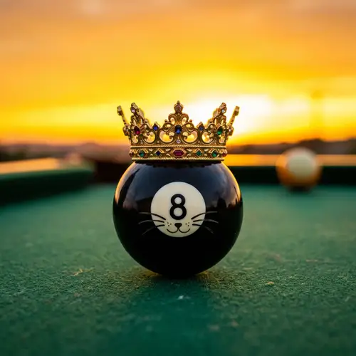 Black 8 Billiard Ball with Crown and Cat Whisker on Yellow Background