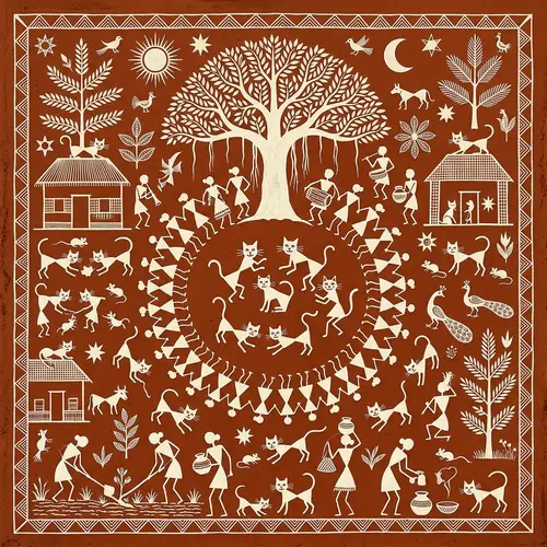 Cat in Warli Art: Traditional Indian Masterpiece