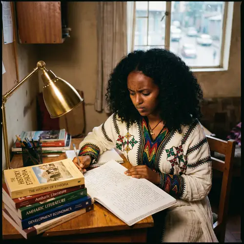 Young Ethiopian Woman Studying in Traditional Clothing