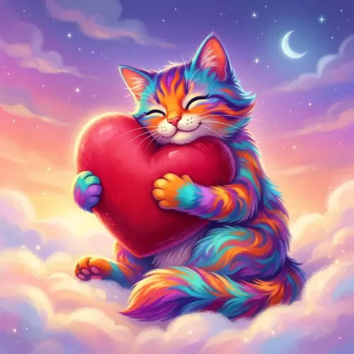 Vibrant Rainbow Cat Hugging Heart | Colorful Feline Art