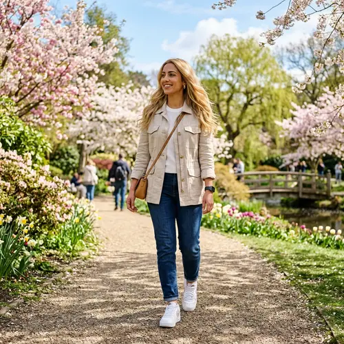 Spring Park Stroll: Blonde Woman's Active Lifestyle