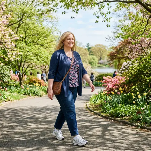 Beautiful Blonde Woman Strolling in Spring Park | Casual Sneakers