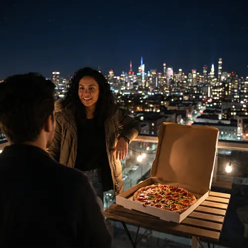 Late Night Rooftop Conversations with Pizza | City View Romance