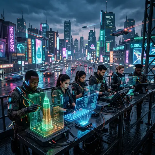Futuristic Cyber Criminals in Diverse Cityscape