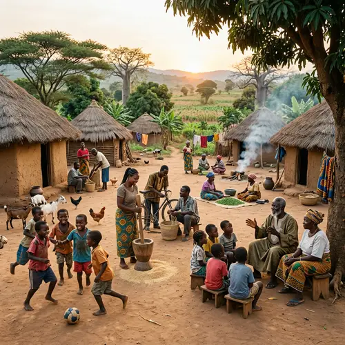 Vibrant African Rural Scene: Families Engaged in Everyday Life