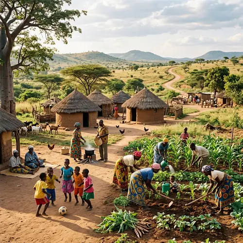 Serene Rural African Life: Families Engaging in Community Activities