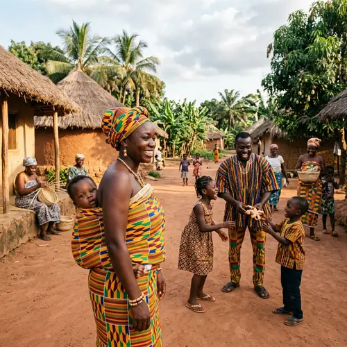 Traditional Ghanaian Family Scene with Mother, Baby, and Community