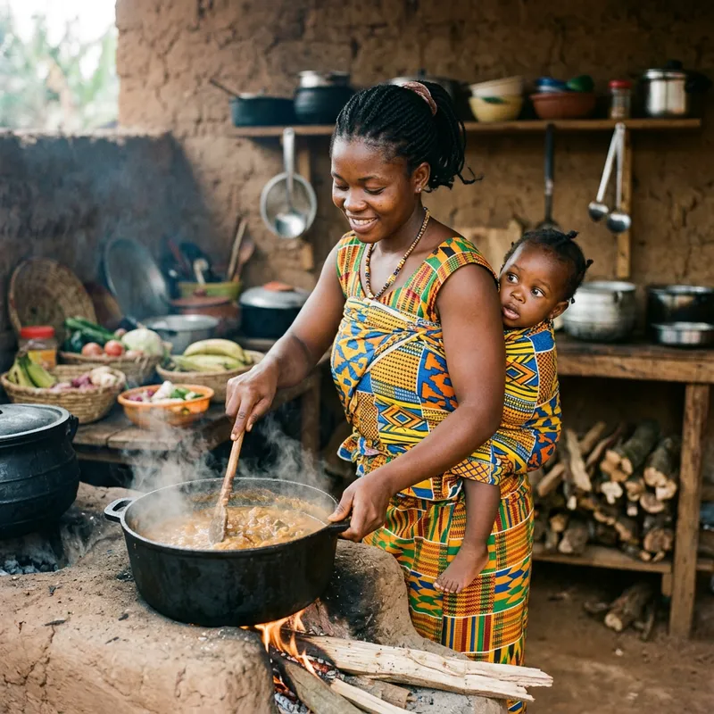 Ghanaian Mother Cooking with Child in 'Kanga' Wrap Ghanaian Mother Cooking with Child in 'Kanga' Wrap