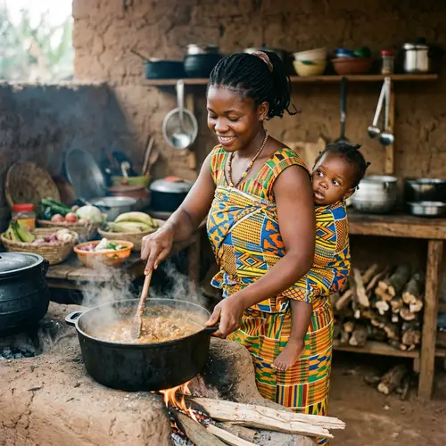 Traditional Ghanaian Mother Cooking Meal with Child in 'Kanga' Wrap