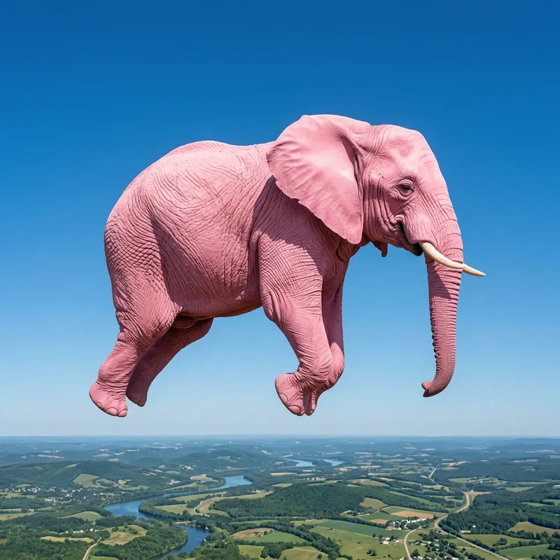 Pink Flying Elephant - Whimsical Aerial Wonder in Soft Hues