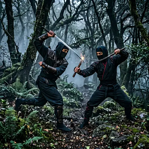 Epic Ninja Battle in Ancient Forest at Dusk