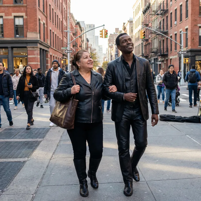 Mature Leather-Clad Couple Strolling City Together