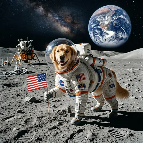 Golden Retriever Astronaut on the Moon