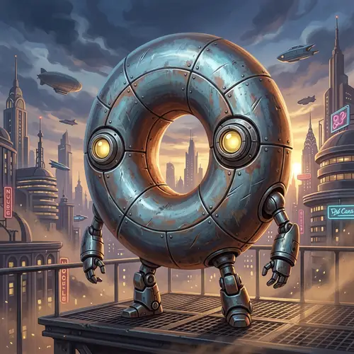Steel Giant Robot Character with Doughnut Body