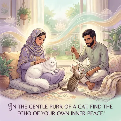 Tranquil Cat Bonding: Inner Peace Poster with Middle-Eastern Woman & South Asian Man